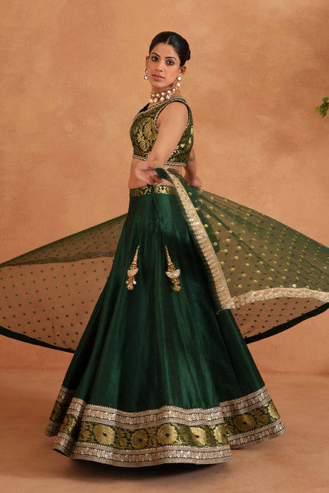 Bottle green Brocade Blouse, Lehenga and Dupatta