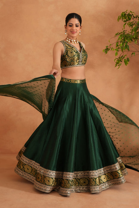 Bottle green Brocade Blouse, Lehenga and Dupatta