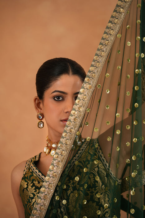 Bottle green Brocade Blouse, Lehenga and Dupatta