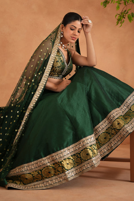 Bottle green Brocade Blouse, Lehenga and Dupatta