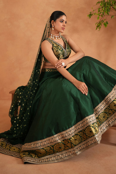 Bottle green Brocade Blouse, Lehenga and Dupatta