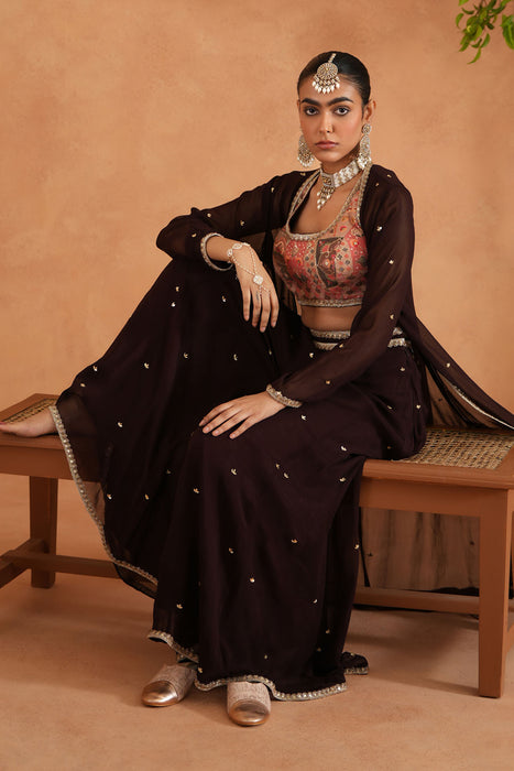 Printed blouse, sharara and long jacket