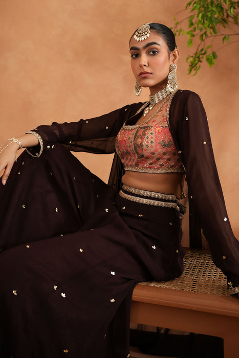 Printed blouse, sharara and long jacket