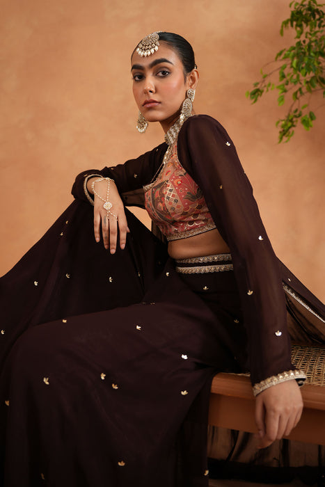 Printed blouse, sharara and long jacket