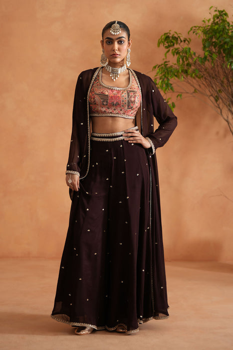 Printed blouse, sharara and long jacket