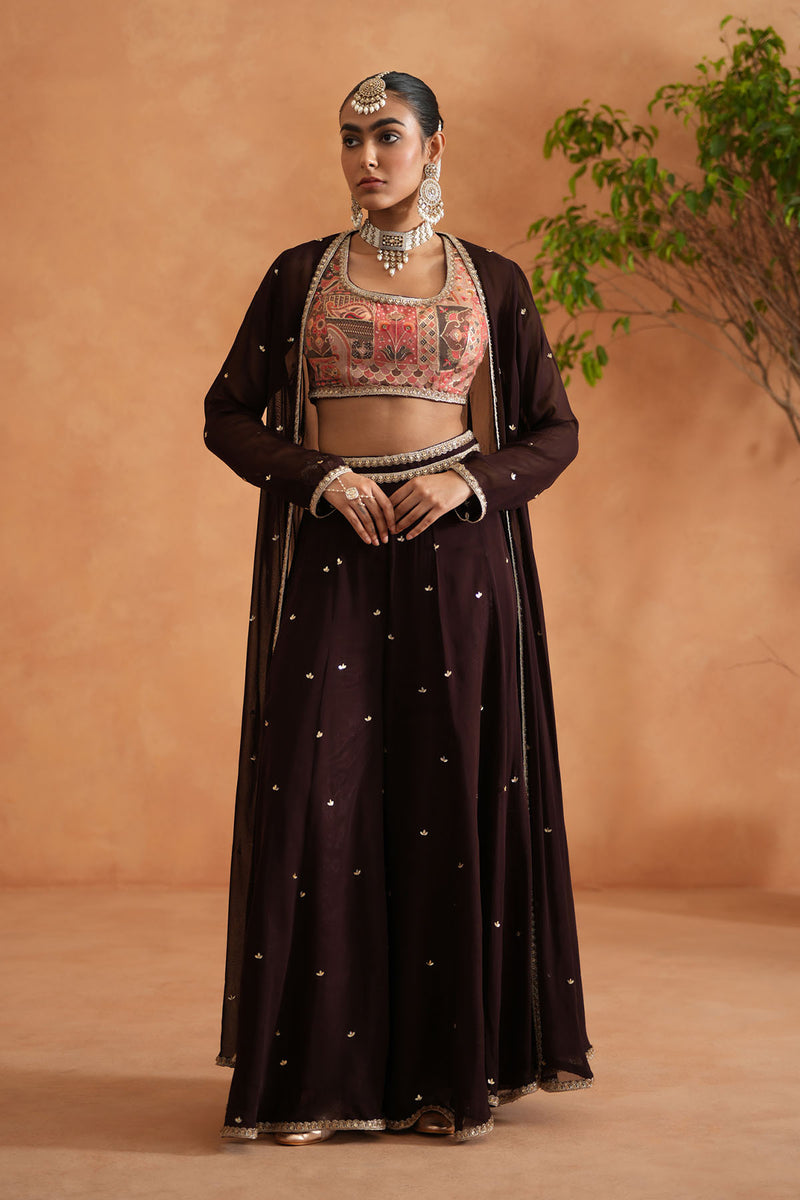 Printed blouse, sharara and long jacket
