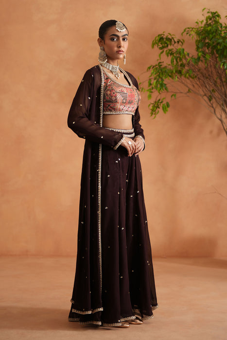 Printed blouse, sharara and long jacket