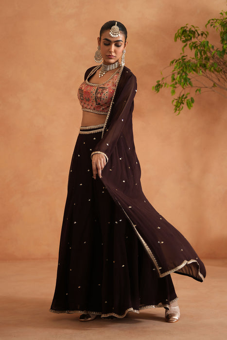 Printed blouse, sharara and long jacket