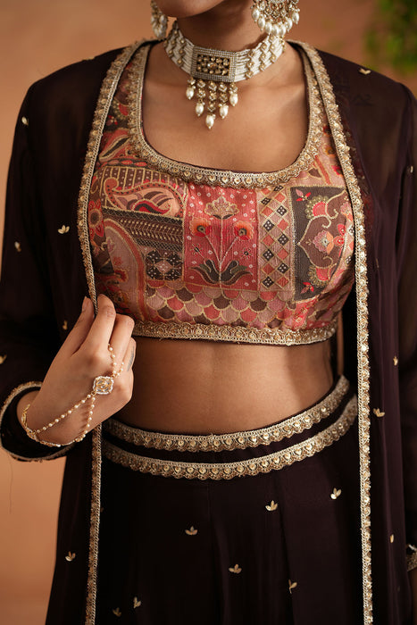 Printed blouse, sharara and long jacket