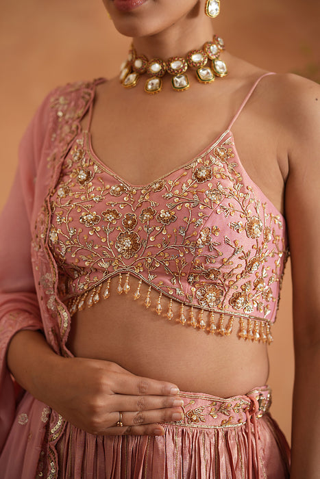 Pink Embroidered Blouse, Lehenga and Dupata