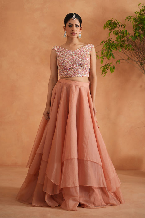 Peach Embroidered Blouse, Lehenga and Dupatta