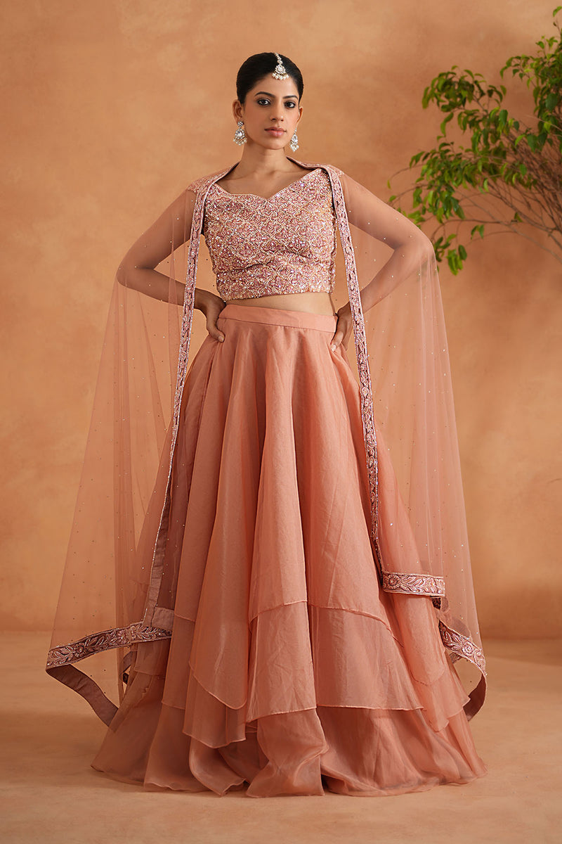 Peach Embroidered Blouse, Lehenga and Dupatta