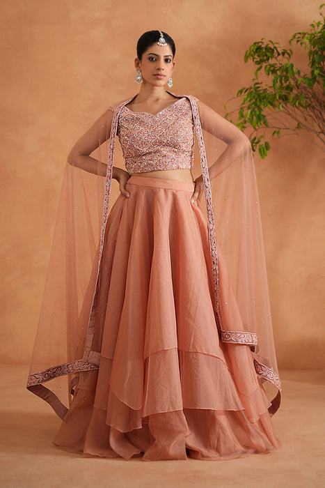 Peach Embroidered Blouse, Lehenga and Dupatta