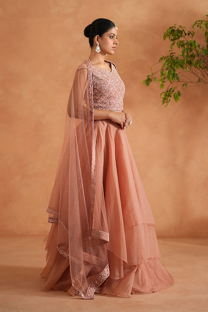 Peach Embroidered Blouse, Lehenga and Dupatta