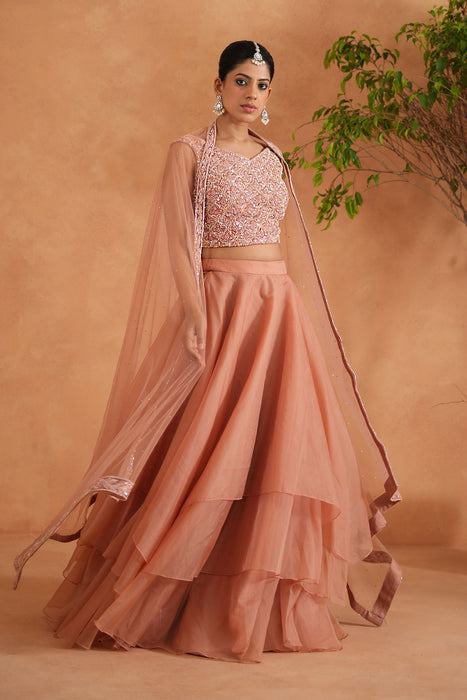 Peach Embroidered Blouse, Lehenga and Dupatta