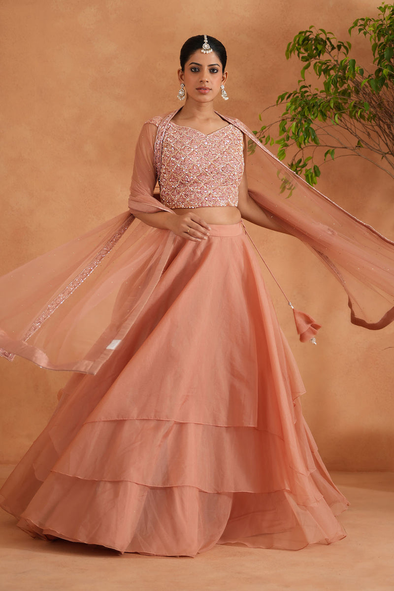 Peach Embroidered Blouse, Lehenga and Dupatta