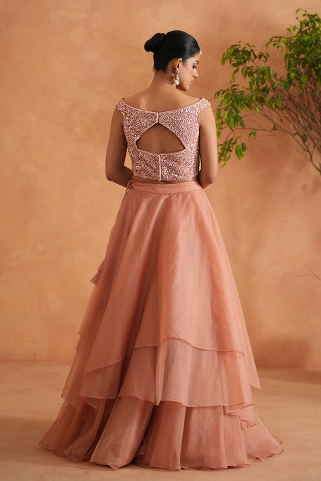 Peach Embroidered Blouse, Lehenga and Dupatta