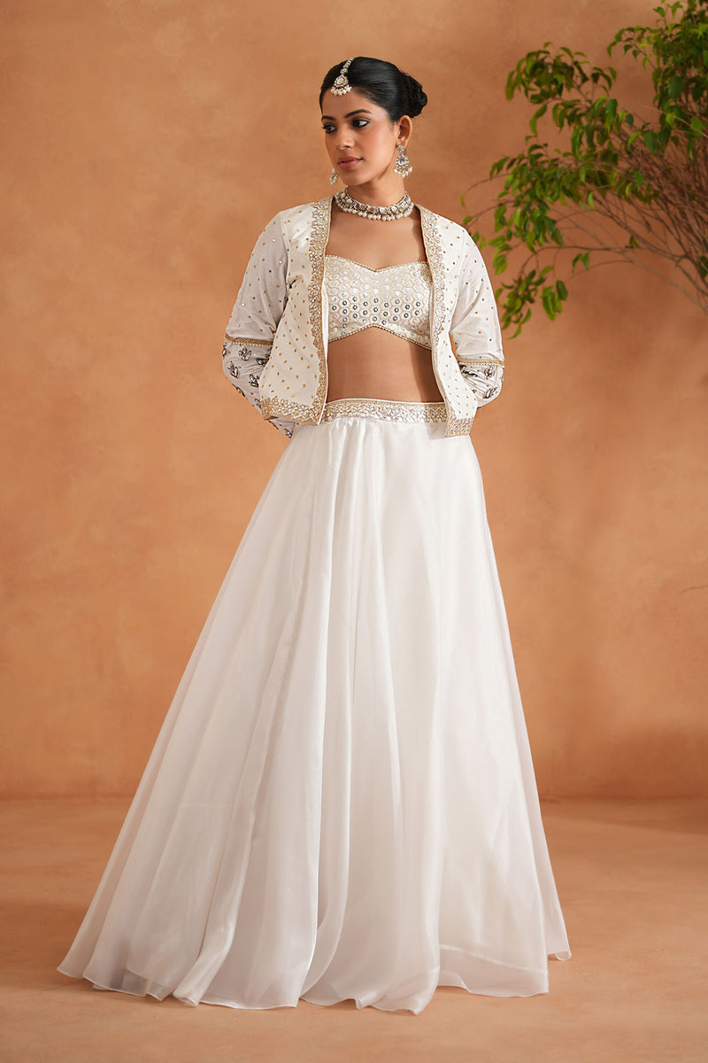 Ivory Embroidered Bustier, Lehenga and Short Jacket