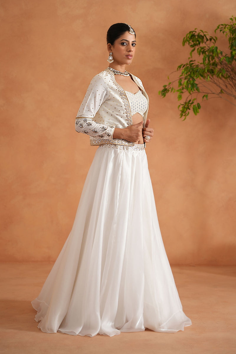Ivory Embroidered Bustier, Lehenga and Short Jacket