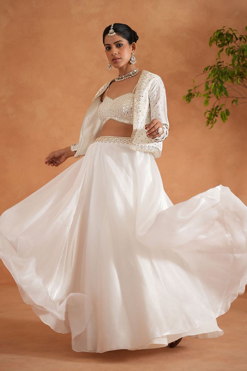 Ivory Embroidered Bustier, Lehenga and Short Jacket