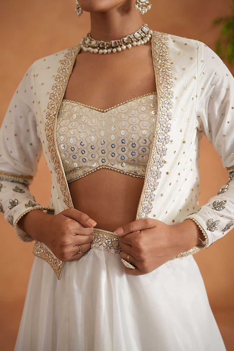 Ivory Embroidered Bustier, Lehenga and Short Jacket