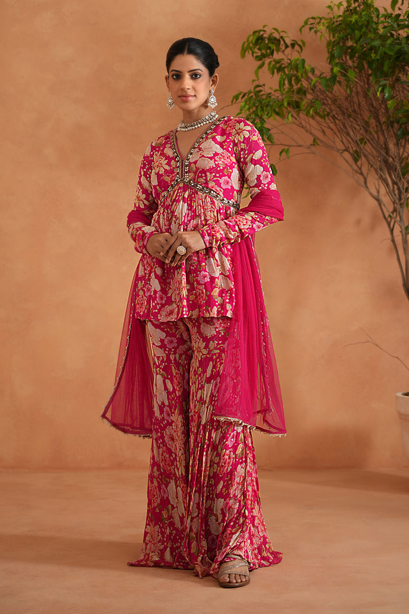 Fuchsia Embroidered Peplum Kurti, Garara and Dupatta