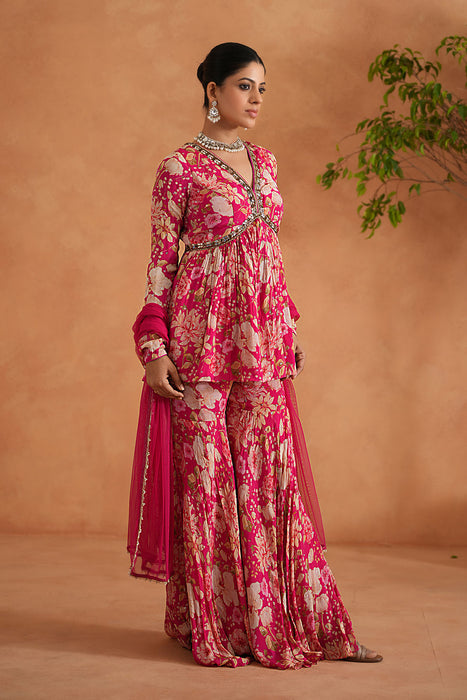 Fuchsia Embroidered Peplum Kurti, Garara and Dupatta