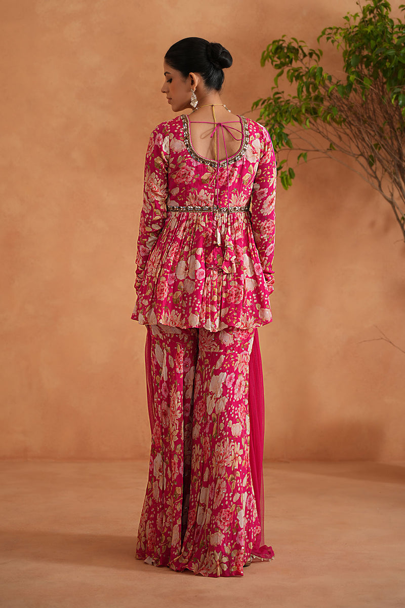 Fuchsia Embroidered Peplum Kurti, Garara and Dupatta