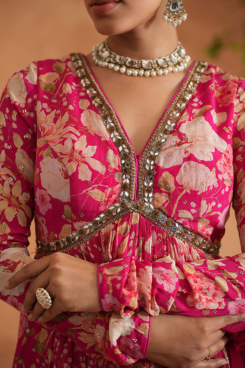 Fuchsia Embroidered Peplum Kurti, Garara and Dupatta