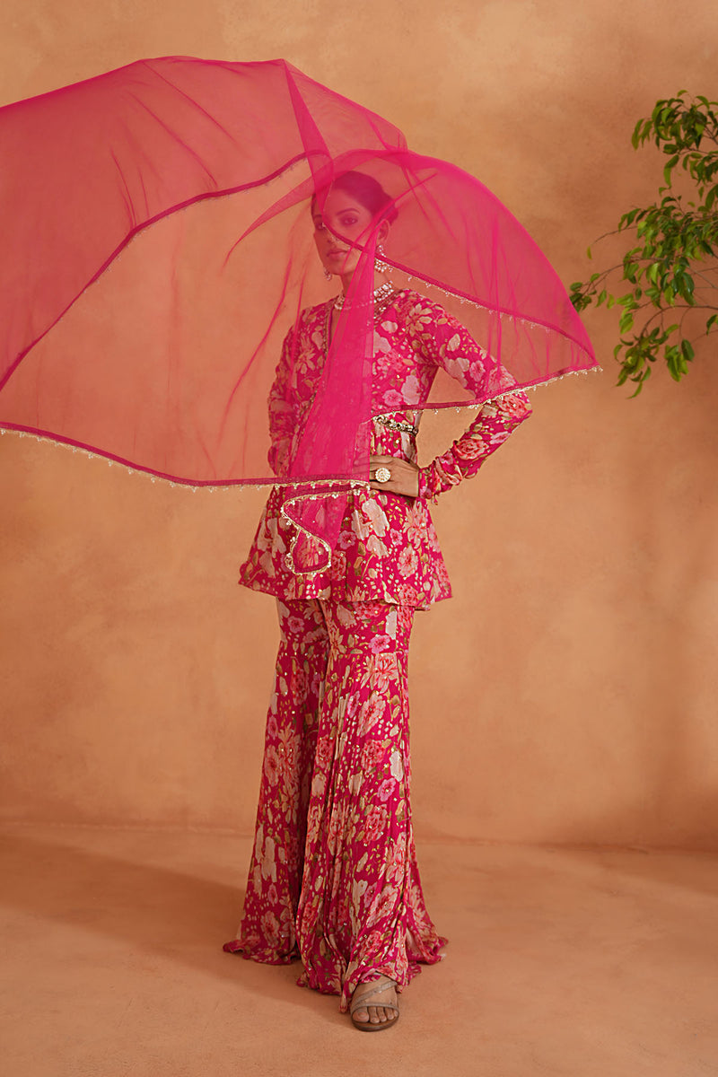 Fuchsia Embroidered Peplum Kurti, Garara and Dupatta