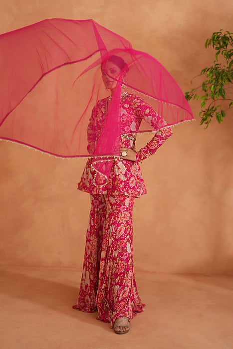 Fuchsia Embroidered Peplum Kurti, Garara and Dupatta