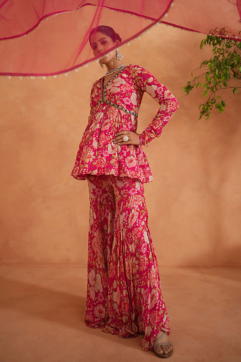 Fuchsia Embroidered Peplum Kurti, Garara and Dupatta
