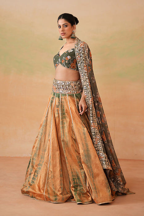 Olive Green Printed Blouse, Tie and Dye Lehenga and Printed Dupatta