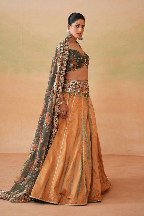 Olive Green Printed Blouse, Tie and Dye Lehenga and Printed Dupatta