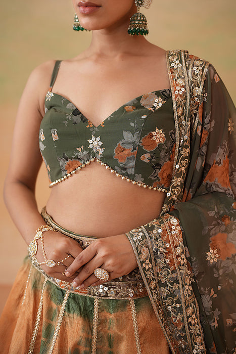 Olive Green Printed Blouse, Tie and Dye Lehenga and Printed Dupatta