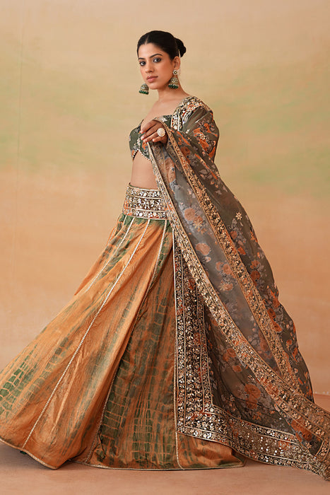 Olive Green Printed Blouse, Tie and Dye Lehenga and Printed Dupatta