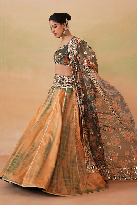 Olive Green Printed Blouse, Tie and Dye Lehenga and Printed Dupatta