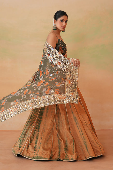 Olive Green Printed Blouse, Tie and Dye Lehenga and Printed Dupatta