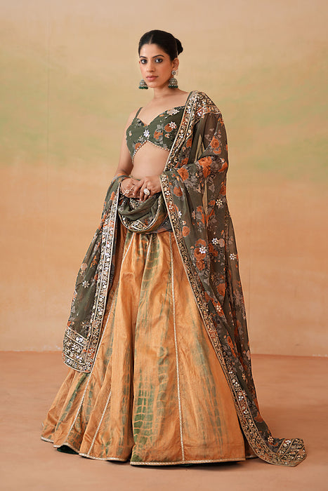 Olive Green Printed Blouse, Tie and Dye Lehenga and Printed Dupatta