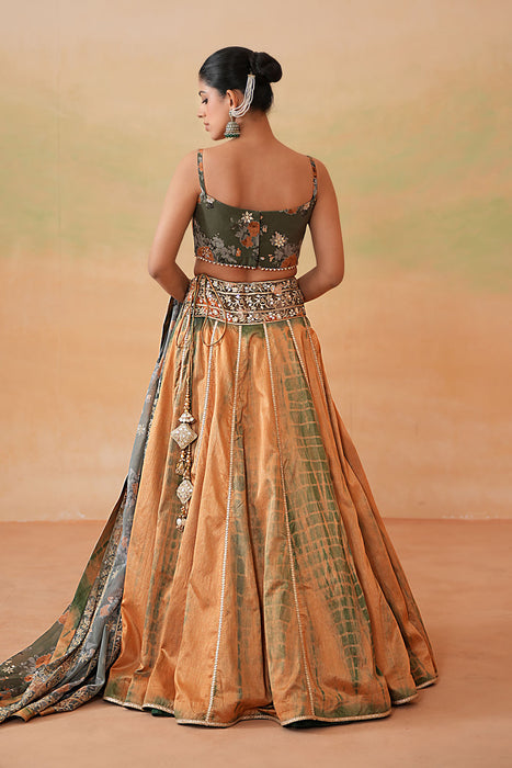Olive Green Printed Blouse, Tie and Dye Lehenga and Printed Dupatta