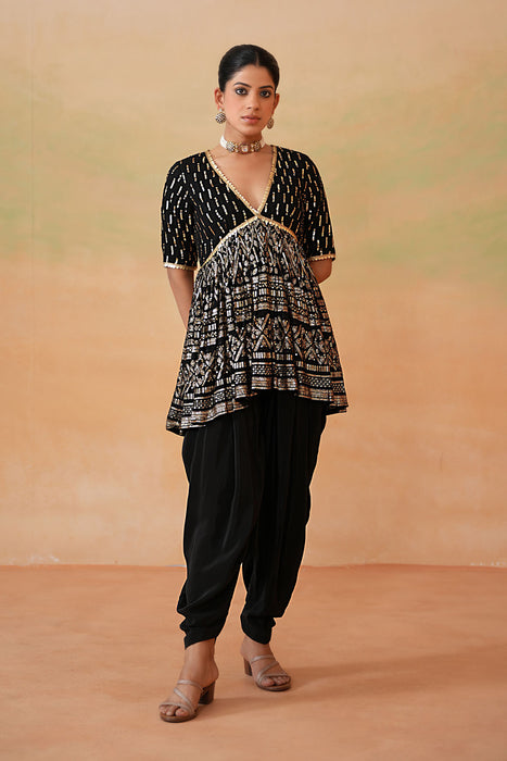 Emerald green velvet embroidered tunic and pants