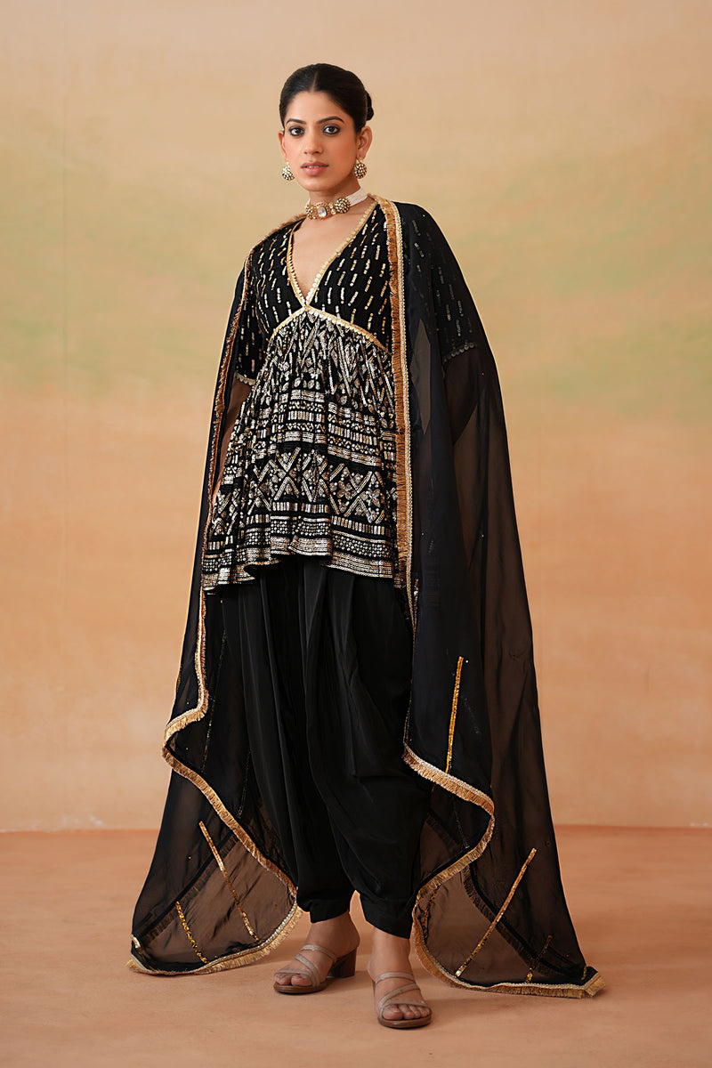 Black embroidery fabric Peplum kurti, Dhoti salwar, Dupatta