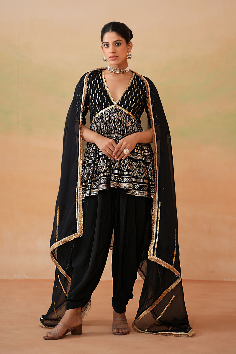 Black embroidery fabric Peplum kurti, Dhoti salwar, Dupatta