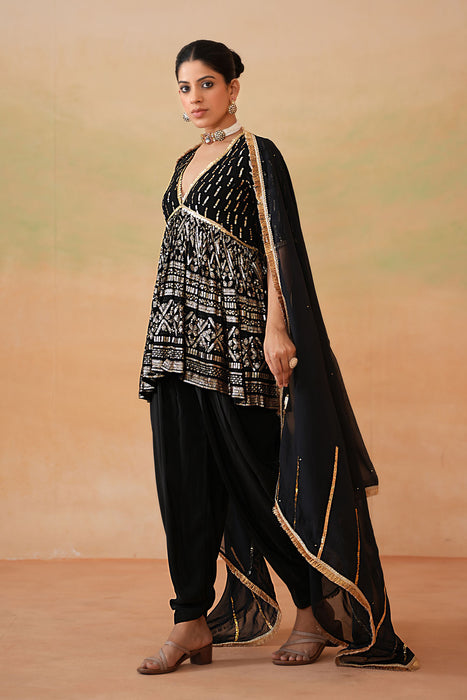 Emerald green velvet embroidered tunic and pants