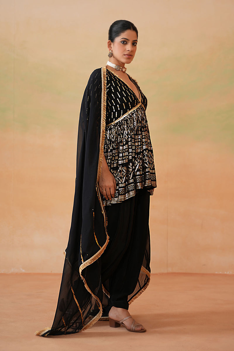 Black embroidery fabric Peplum kurti, Dhoti salwar, Dupatta