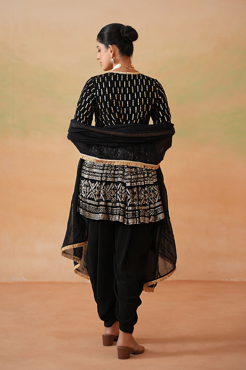 Black embroidery fabric Peplum kurti, Dhoti salwar, Dupatta