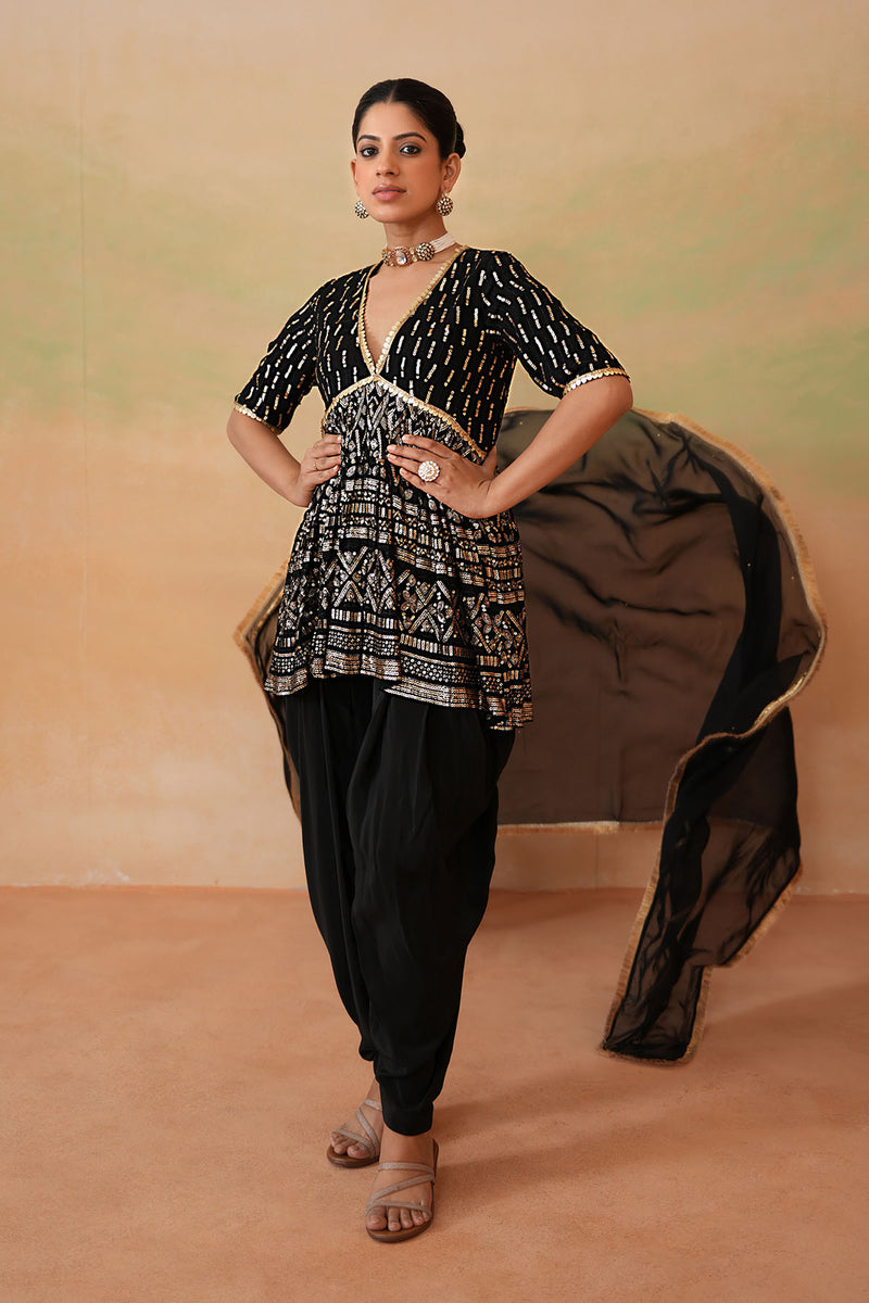 Black embroidery fabric Peplum kurti, Dhoti salwar, Dupatta