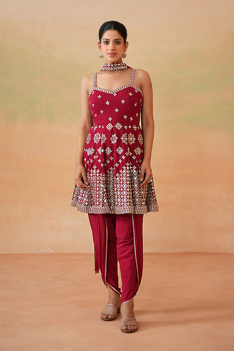 Maroon Embroidery Fabric Peplum Kurti, Tulip Salwar and Choker Dupatta