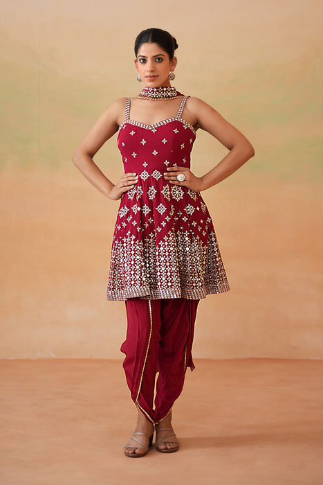 Maroon Embroidery Fabric Peplum Kurti, Tulip Salwar and Choker Dupatta