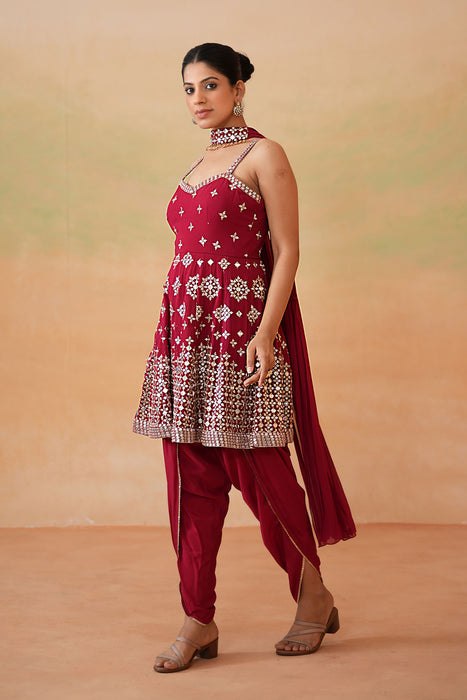 Maroon Embroidery Fabric Peplum Kurti, Tulip Salwar and Choker Dupatta